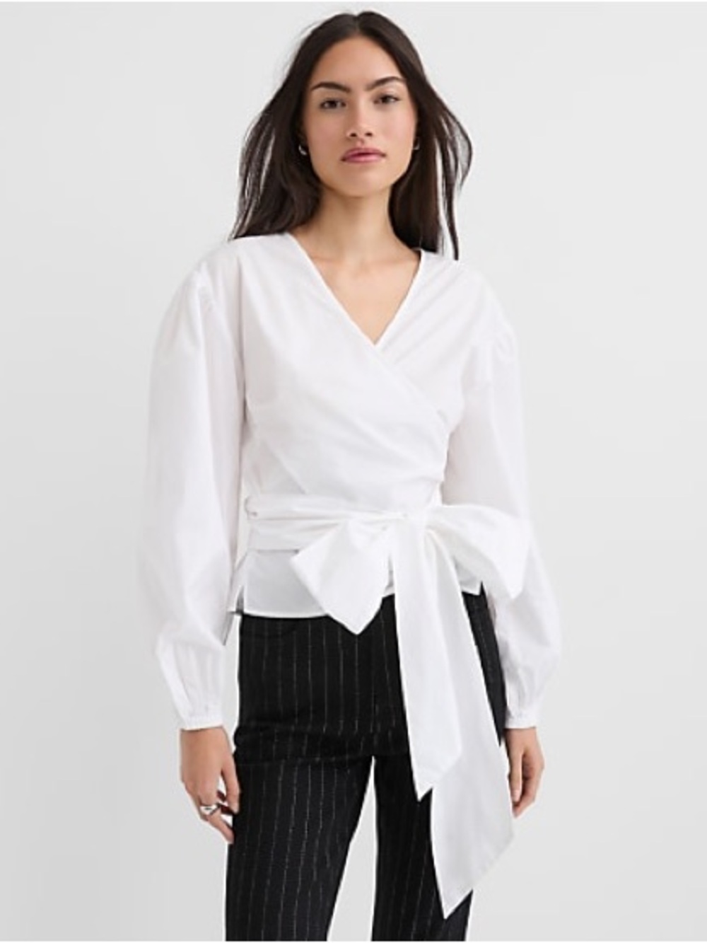 NEW LOFT White Wrap Tie Waist Blouse Large Long Sleeve Cotton Modal Career Top